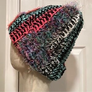 Handmade Crochet Chunky Ribbed Upcycled Multi Fiber Scrappy Yarn Beanie Hat